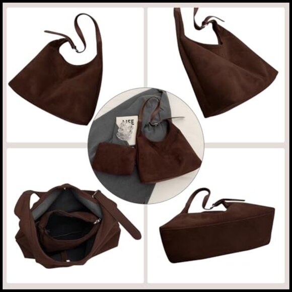 Suede Hobo Tote Bag Retro Slouchy Shoulder Crossbody Purse Large Capacity - Picture 6 of 7
